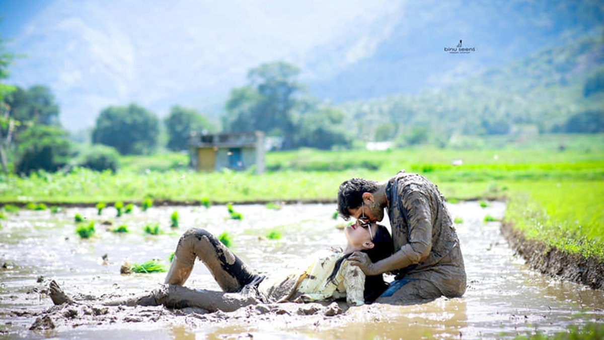 Forget about “first looks” and champagne toasts – one couple broke the mold with a wedding photo shoot that showed them canoodling in the mud.