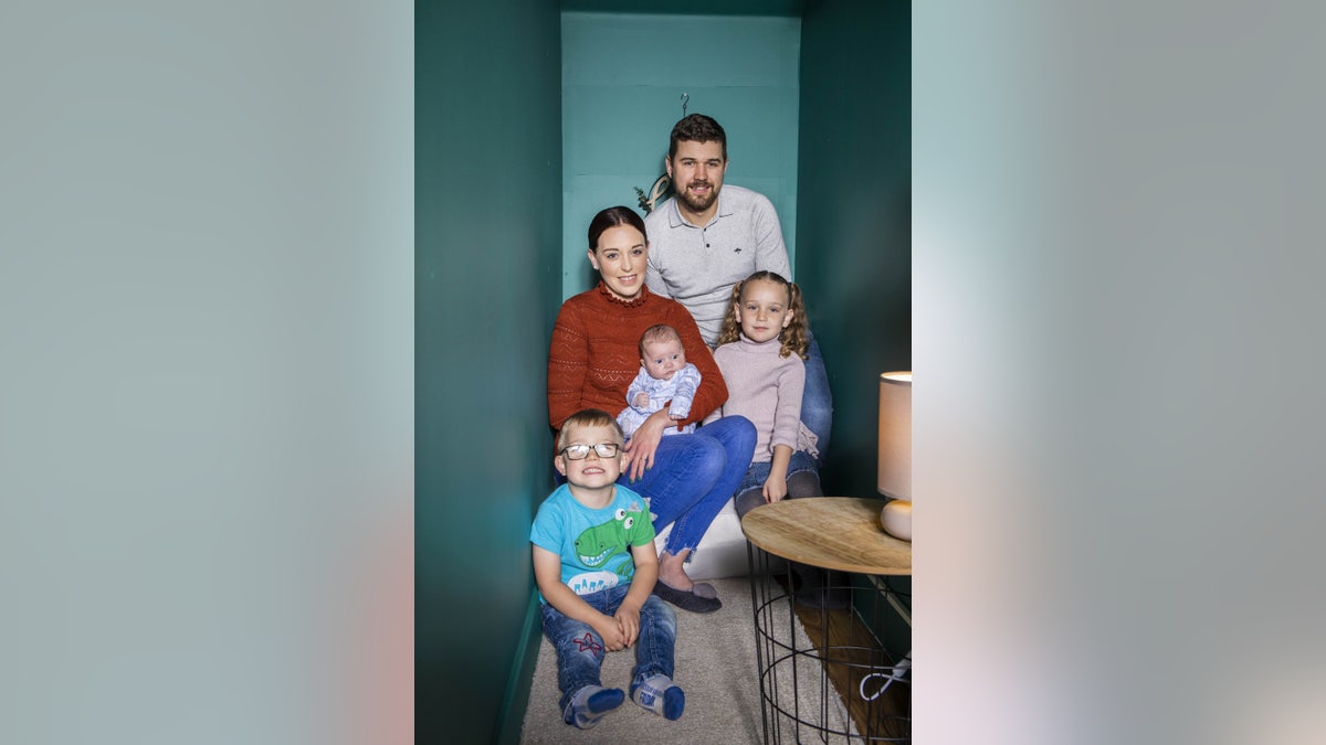 Pool, seen here with Matthew and their three children Madison (5), Charlie (3) and Oliver (nine weeks), said she hasn't banned her kids from coming in — but they know this is mom's special space.