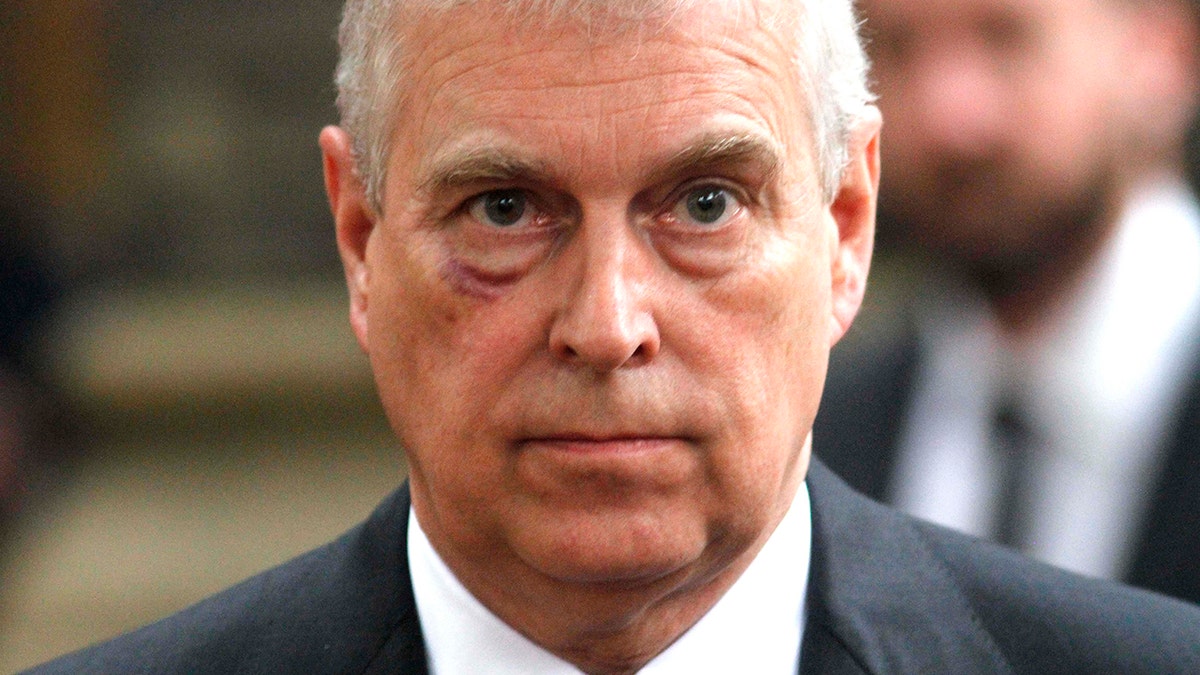 Prince Andrew, Duke of York leaves the funeral service