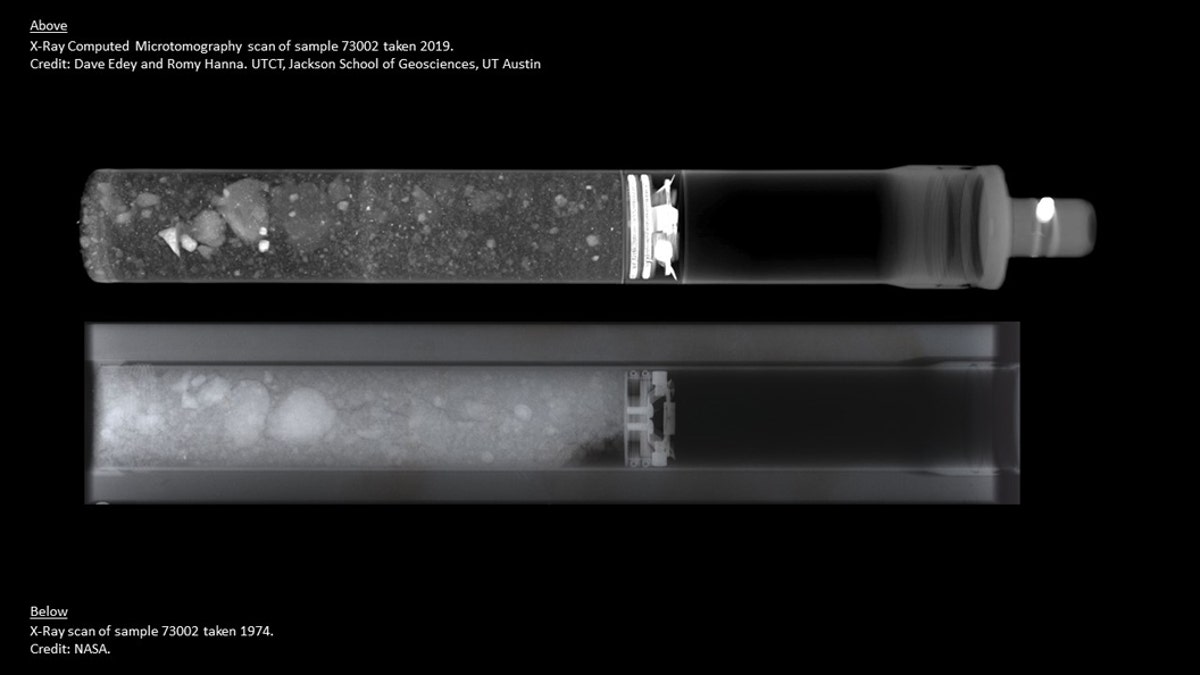 The bottom scan of sample 73002 was taken using radiograph technology in 1974 by NASA. The X-Ray Computed Microtomography scan above was taken in 2019 at the University of Texas at Austin. This is one example of the technological developments that are enabling a new generation to conduct new science on Apollo samples. (Credit: NASA)