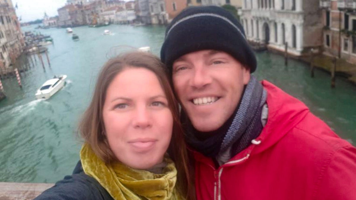 Elizabeth Dale and partner Richard Williams just after arriving in Venice.