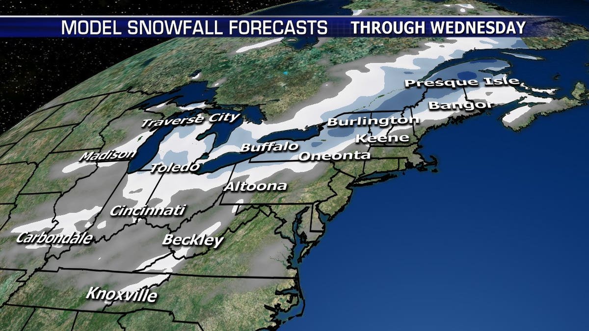 Several inches of snow are forecast to fall from the Plains into the Northeast.