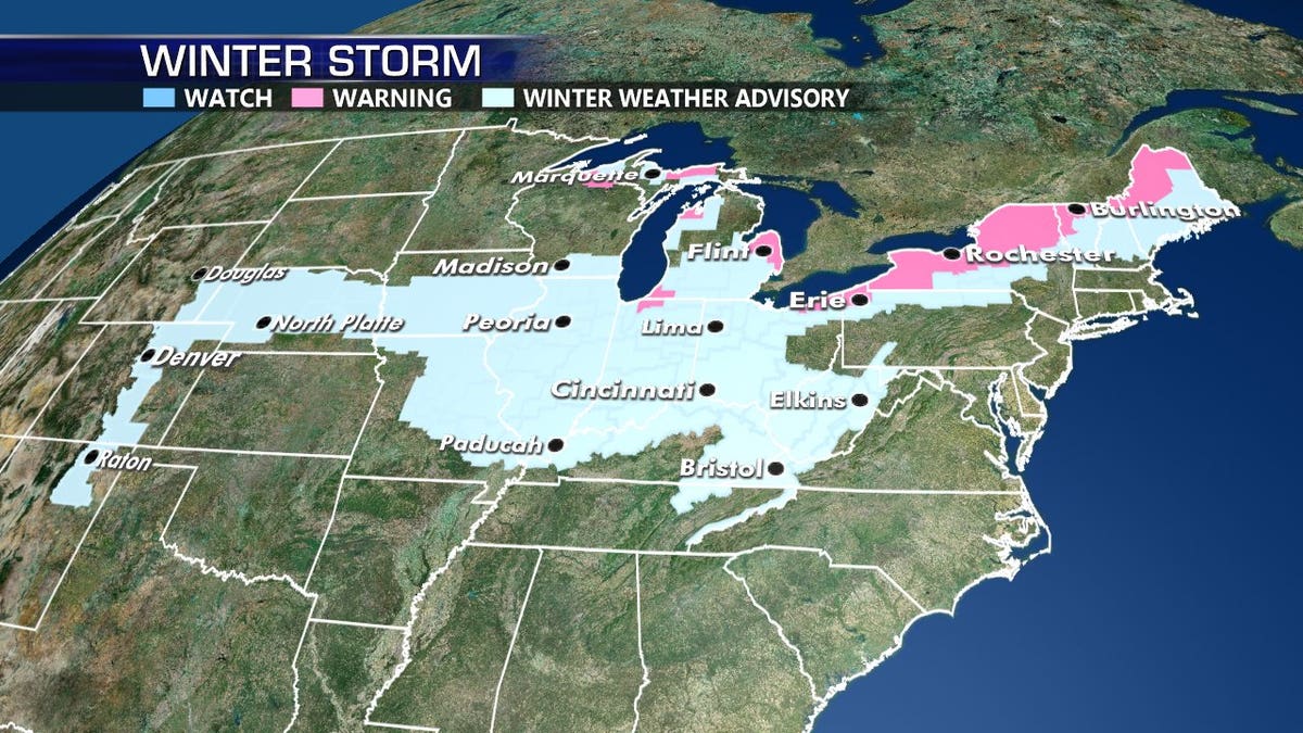Winter weather advisories stretching from the Plains into the Northeast, impacting up to 60 million people.