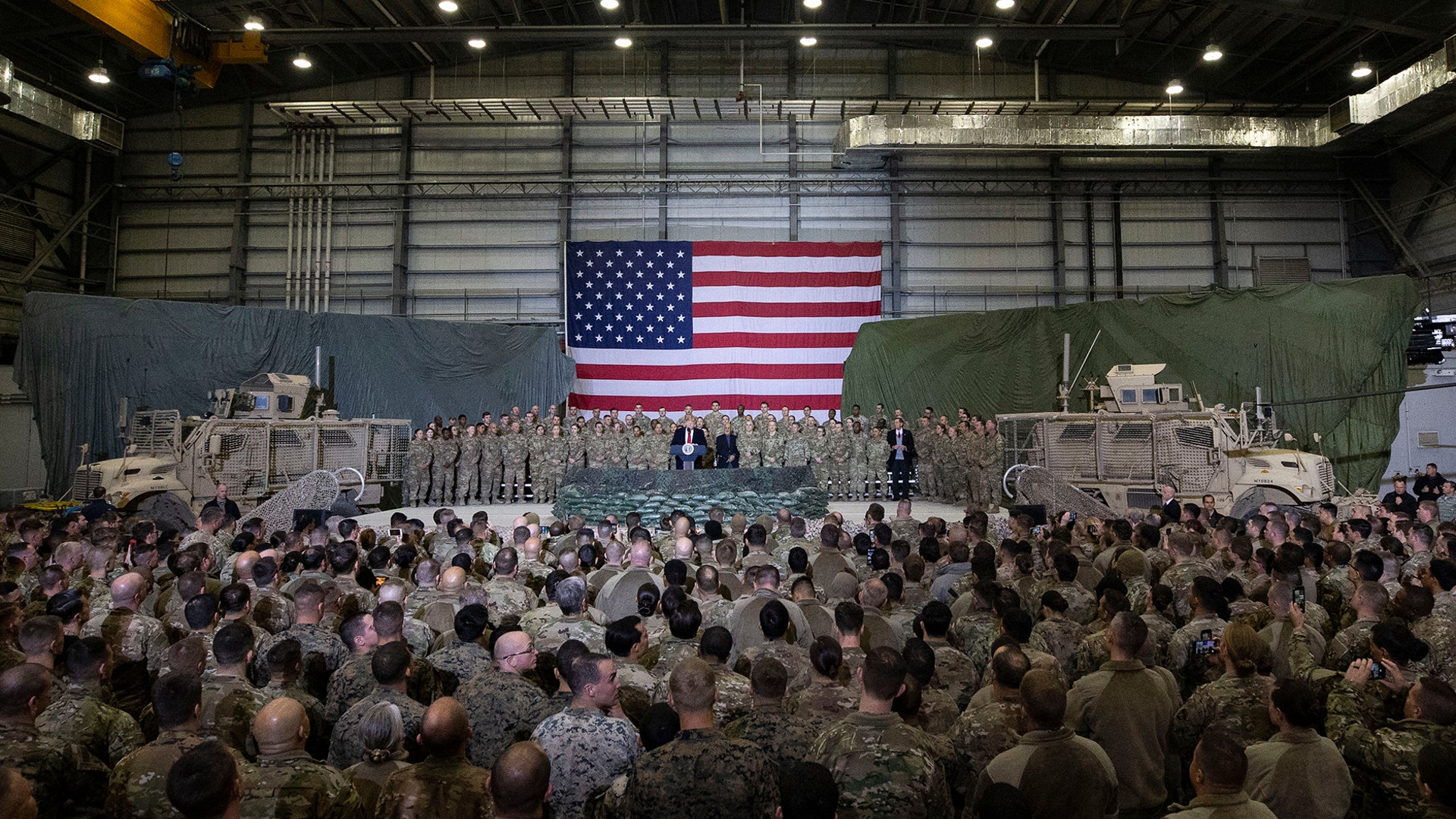 President Trump addresses members of the military during a surprise Thanksgiving Day visit at Bagram Air Field, Afghanistan, Nov. 28, 2019.