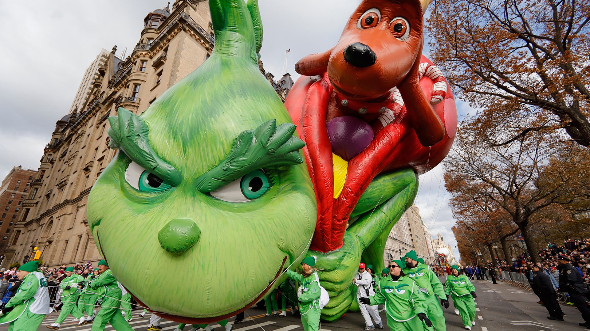 The Grinch balloon floats along Central Park West during the annual Macy's Thanksgiving Day Parade in New York City, Nov. 28, 2019.
