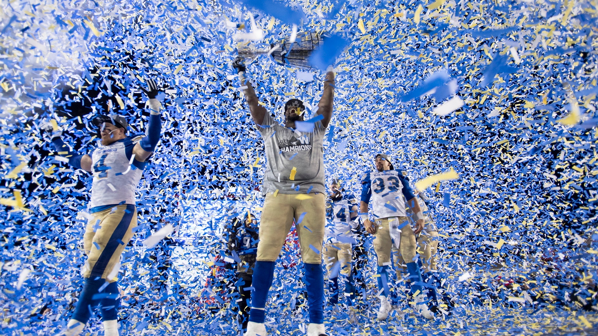 The Winnipeg Blue Bombers celebrate winning the Grey Cup CFL football championship against the Hamilton Tiger Cats, in Calgary, Alberta, Nov. 24, 2019.