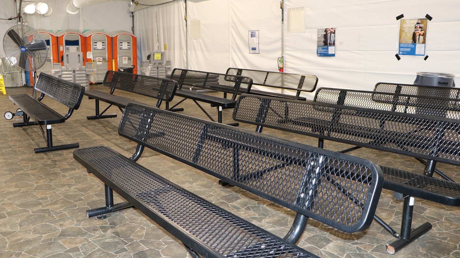 Benches in the detention center processing area in Donna, Texas. 