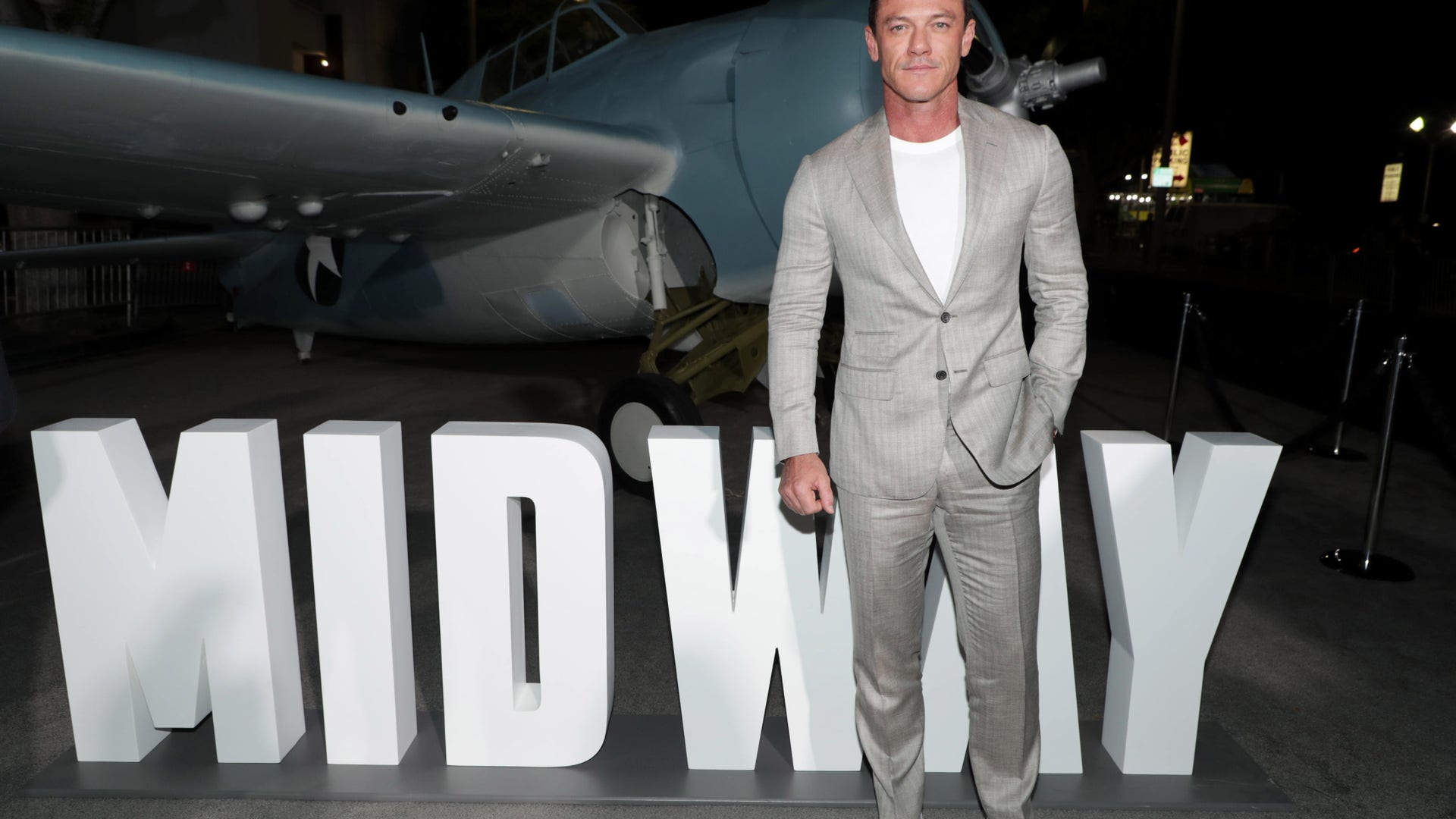 Luke Evans attends the Lionsgate's MIDWAY World Premiere at the Regency Village Theatre in Los Angeles, Calif. on November 5, 2019.