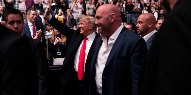 President Donald Trump and UFC president Dana White arrive at Madison Square Garden to attend the UFC 244 mixed martial arts fights, Saturday, Nov. 2, 2019, in New York. (Associated Press)