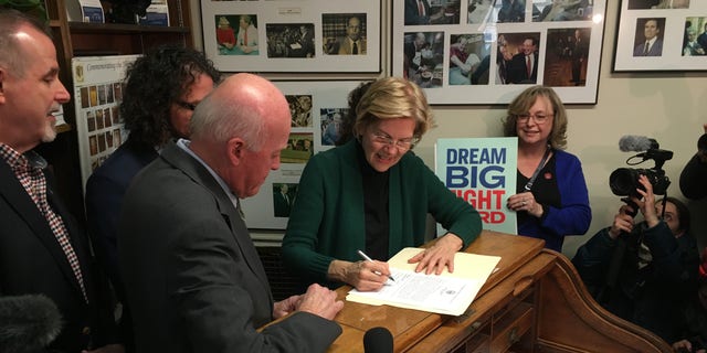 Sen. Elizabeth Warren of Massachusetts files to place her name on the New Hampshire primary ballot in Concord Wednesday.
