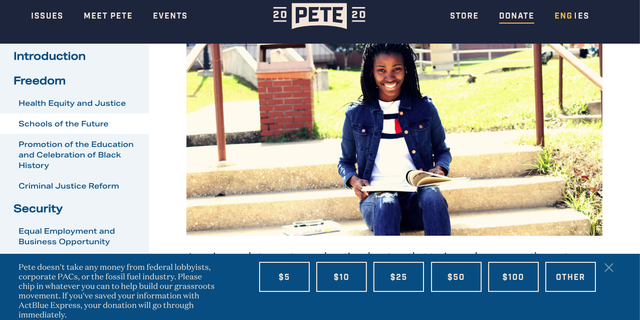 Screenshot of the Buttigieg campaign website