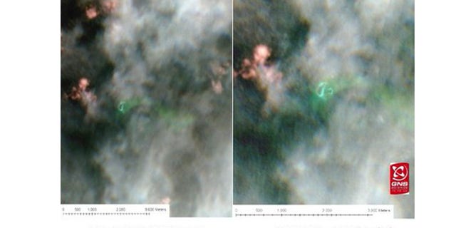 An overlay of satellite images of the area. The image on the right shows the relative positions, in green, of the new, larger island and its smaller, now submerged, successor.