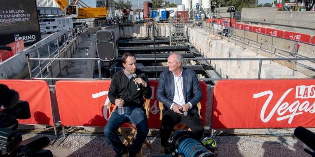 Boring corporate chief Steve Davis, On the left, and LVCVA CEO Steve Hill react to a Q&A session as a Boring company, and the Las Vegas Convention and Visitors Authority is preparing for the start of tunneling for The Boring people mover on the Las Vegas Convention Center on Friday, Nov. 15, 2019.