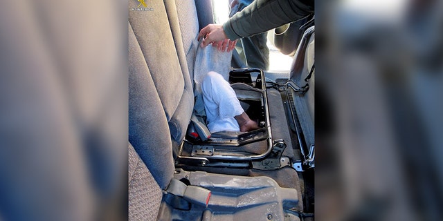 Police attempt to pull out the 19-year-old found hiding in the rear car seats.