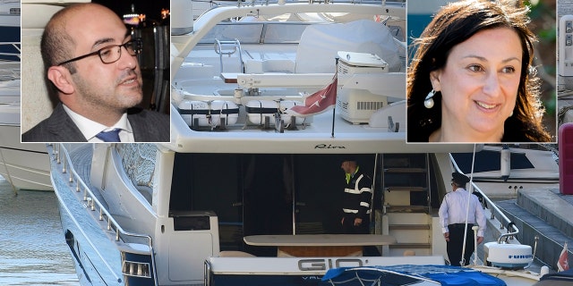 Fenech (inset left) was arrested aboard his yacht as it was sailing away from Malta. He was named a "person of interest" in the assassination of investigative journalist Daphne Caruana Galizia (inset right). (AP Photo/Jonathan Borg)