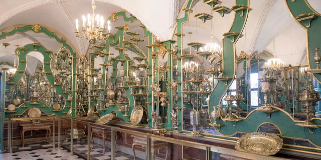 This Tuesday April 4, 2019 photo shows a part of the collection at Dresden's Green Vault in Dresden. Authorities in Germany say thieves have carried out a brazen heist at Dresden’s Green Vault, one of the world’s oldest museum containing priceless treasures from around the world. (Sebastian Kahnert/dpa via AP)