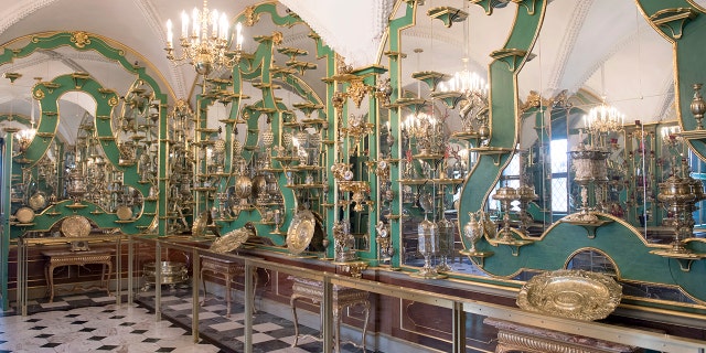 This Tuesday April 4, 2019 photo shows a part of the collection at Dresden's Green Vault in Dresden. (Sebastian Kahnert/dpa via AP)