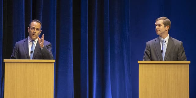 Earlier this month, Republican Gov. Matt Bevin, left, and Democratic Attorney General Andy Beshear participate in a debate on the University of Kentucky campus in Lexington, Ky. (Ryan C. Hermens/Lexington Herald-Leader via AP, Pool, File)