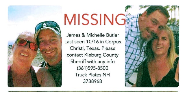 This poster released by the Kleberg County Sheriff's Office in Kingsville, Texas, shows James and Michelle Butler, of Rumney, N.H., who were found dead in Texas last week. (Kleberg County Sheriff's Office via AP)