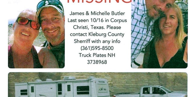 This poster released by the Kleberg County Sheriff's Office in Kingsville, Texas, shows James and Michelle Butler, of Rumney, N.H., who were found dead in Texas last week. (Kleberg County Sheriff's Office via AP)