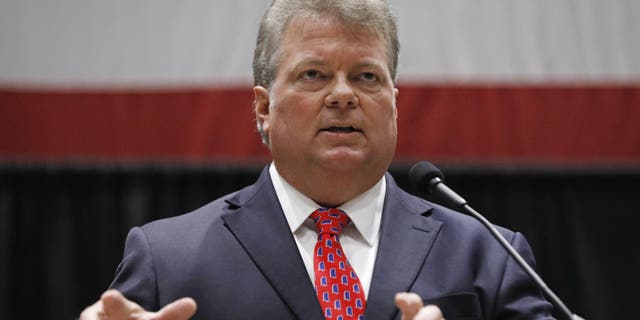 Democratic nominee for governor, Attorney General Jim Hood, addresses business leaders at the Mississippi Economic Council's annual "Hobnob Mississippi," in Jackson, Miss., Thursday. (AP Photo/Rogelio V. Solis)