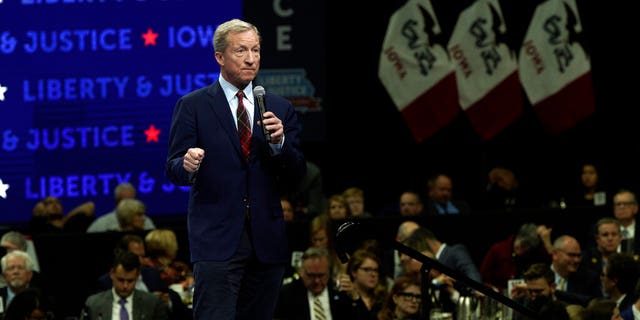 Democratic presidential candidate businessman Tom Steyer speaks during the Iowa Democratic Party's Liberty and Justice Celebration, Friday, Nov. 1, 2019, in Des Moines, Iowa. (AP Photo/Nati Harnik)