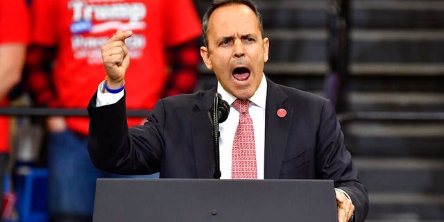 Kentucky Gov. Matt Bevin addressing the audience before President Trump's appearance at the rally in Lexington, Ky., on Monday. (AP Photo/Timothy D. Easley)