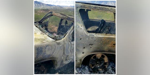 This combination of frames from Nov. 4, 2019, video by Kenny Miller and posted on the Twitter account of Alex LeBaron shows two views of a burned-out vehicle that was being used by some members of the LeBaron family as they were driving in a convoy near the Sonora-Chihuahua border in Mexico. Mexican authorities say drug cartel gunmen ambushed multiple vehicles, including this one, slaughtering several women and children.