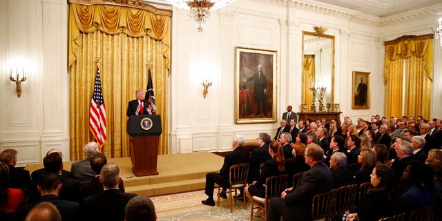 President Donald Trump speaks in the East Room of the White House about his judicial appointments, Wednesday, Nov. 6, 2019, in Washington. (AP Photo/Patrick Semansky)