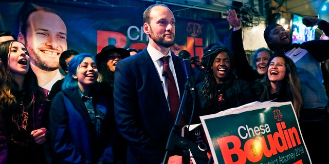 In this Tuesday, Nov. 5, 2019, photo, San Francisco District Attorney candidate Chesa Boudin pauses during his speech at an election night event at SOMA StrEat Food Park in San Francisco.