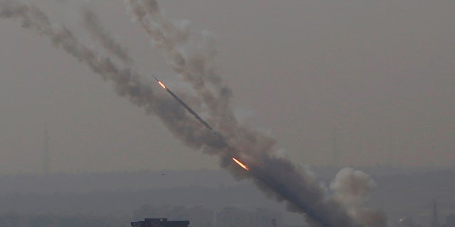 Rockets are launched from Gaza Strip to Israel, Tuesday, Nov. 12, 2019. (AP Photo/Hatem Moussa)