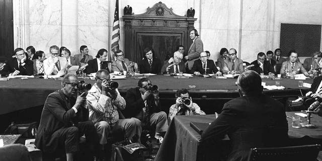 FILE - In this Aug. 3, 1973, file photo, the Senate Watergate Committee hearings continue on Capitol Hill in Washington. (AP Photo/File)