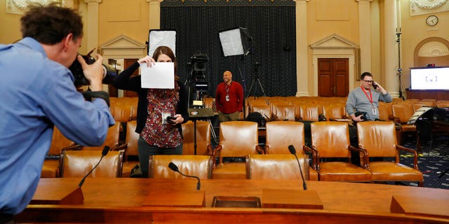 The hearing room where the House is to begin public impeachment inquiry hearings Wednesday, on Capitol Hill. (AP Photo/Jacquelyn Martin)