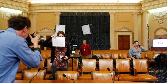 The hearing room where the House is to begin public impeachment inquiry hearings Wednesday, on Capitol Hill. (AP Photo/Jacquelyn Martin)