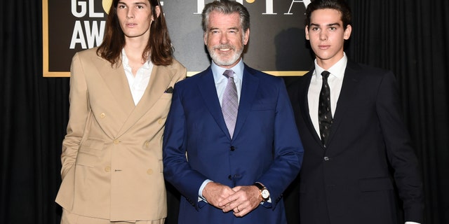 Dylan Brosnan, from left, Pierce Brosnan, and Paris Brosnan attend the Hollywood Foreign Press Association and The Hollywood Reporter celebration of the 2020 award season and Golden Globe Ambassador reveal at Catch LA on Thursday, Nov. 14, 2019, in West Hollywood, Calif.