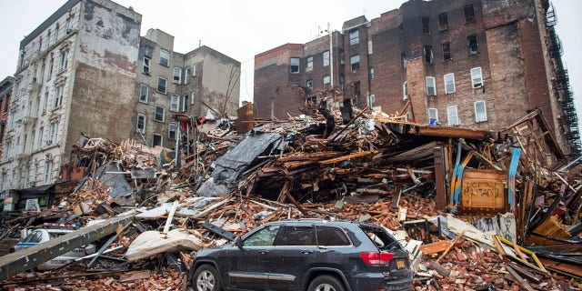 A pile of debris is seen at the site of a building explosion in the East Village neighborhood of Manhattan in New York City, March 27, 2015. (Associated Press)