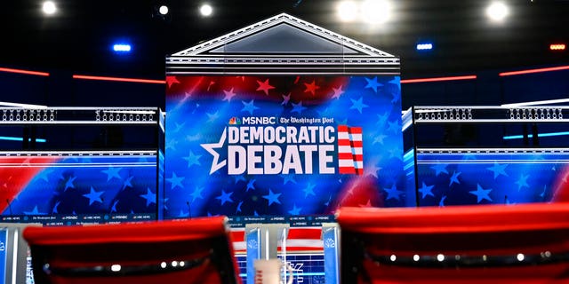 In this Tuesday, Nov. 19, 2019 photo, the stage for the Democratic presidential primary is seen before Wednesday's debate in Atlanta. (AP Photo/Mike Stewart)