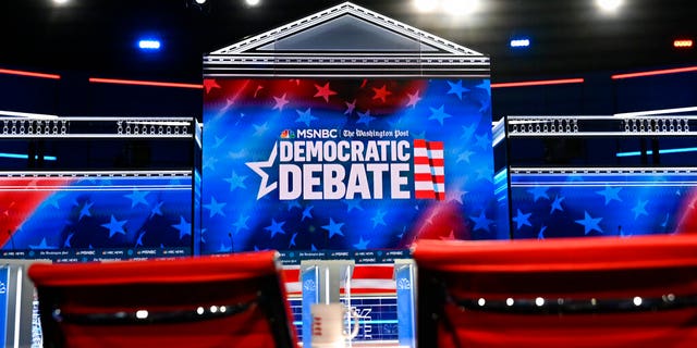 In this Tuesday, Nov. 19, 2019 photo, the stage for the Democratic presidential primary is seen before Wednesday's debate in Atlanta. (AP Photo/Mike Stewart)