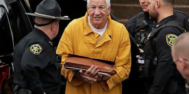 Jerry Sandusky arrives for his resentencing hearing Friday. (AP Photo/Gene J. Puskar)