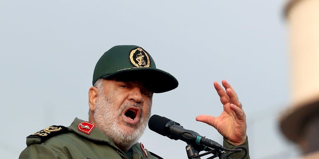 Chief of Iran's Revolutionary Guard Gen. Hossein Salami speaks at a pro-government rally denouncing last week’s violent protests over a fuel price hike in Tehran on Monday. (AP Photo/Ebrahim Noroozi)