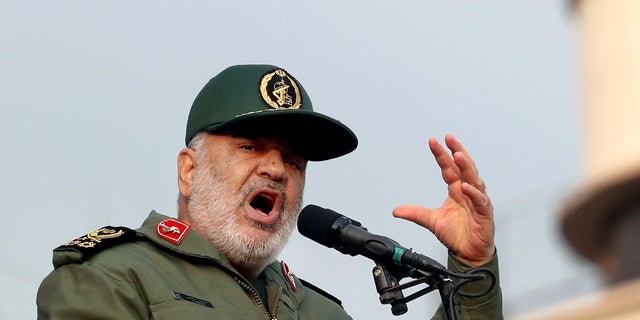 Chief of Iran's Revolutionary Guard Gen. Hossein Salami speaks at a pro-government rally denouncing last week’s violent protests over a fuel price hike in Tehran on Monday. (AP Photo/Ebrahim Noroozi)