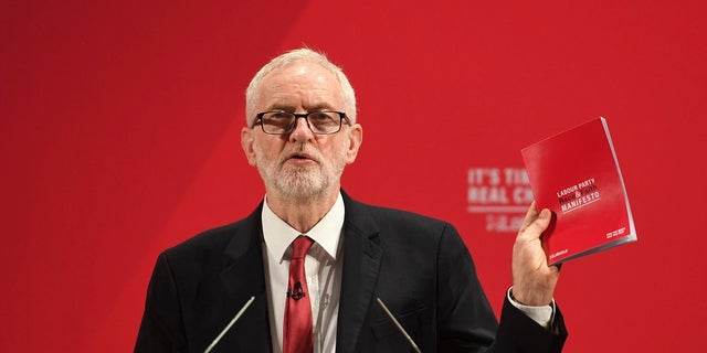 Britain's main opposition Labour Party leader Jeremy Corbyn spoke at the launch of the Labour Party race and faith manifesto in London on Tuesday. (Joe Giddens/PA via AP)