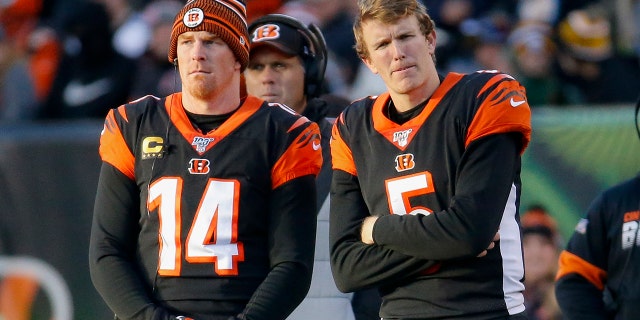 Cincinnati Bengals quarterbacks Andy Dalton (14) and Ryan Finley (5) stand on the sidelines during the second half an NFL football game against the Pittsburgh Steelers, Sunday, Nov. 24, 2019, in Cincinnati. (AP Photo/Frank Victores)