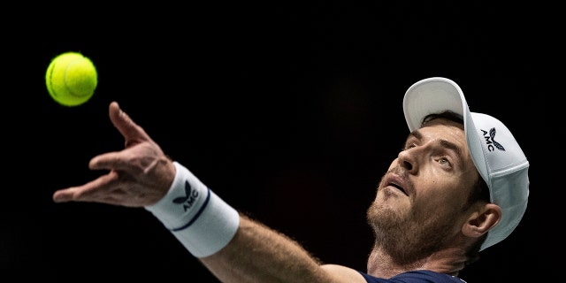 Great Britain's Andy Murray serves during the Davis Cup tennis match against Netherlands' Tallon Griekspoor in Madrid, Spain, Wednesday, Nov. 20, 2019. (AP Photo/Bernat Armangue)