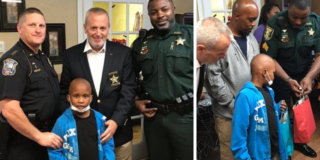 Law enforcement officers welcomed the boy home from treatment and presented him with the Disney World trip.