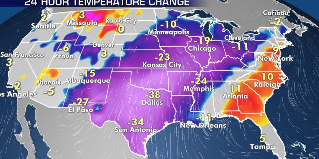 Temperatures have plunged as the Arctic Front has moved through.