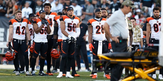 The Cincinnati Bengals look on as Bengals wide receiver Auden Tate is carried off the field after an injury during the second half of an NFL football game against the Oakland Raiders in Oakland, Calif., Sunday, Nov. 17, 2019. (AP Photo/D. Ross Cameron)