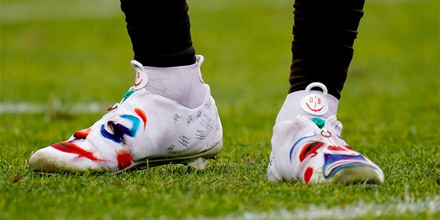 Cleveland Browns wide receiver Odell Beckham wearing the custom cleats during the first half of Sunday's game. (AP Photo/Jack Dempsey)