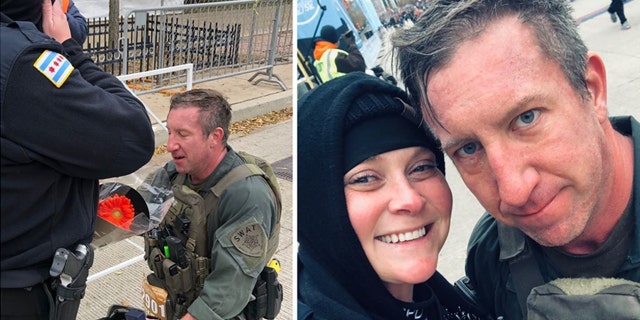 Chicago Police Officer Erin Gubala with SWAT Sgt. Mike Nowacki got engaged Sunday after Nowacki ran the Hot Chocolate 15k in full gear and reviving another runner.