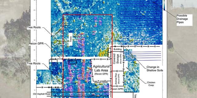 Underground scans revealed the lost cemetery - the small rectangles show the location of burials. (Hillsborough County Public Schools/GeoView)